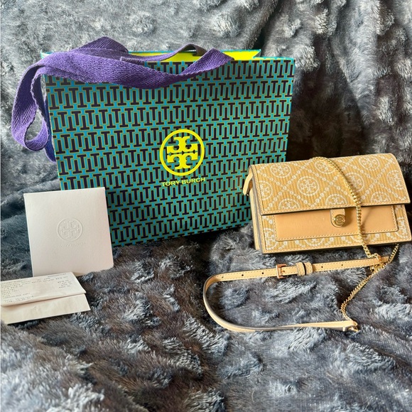 Tory Burch T Monogram Raffia Gold Chain purse Natural - Picture 4 of 12